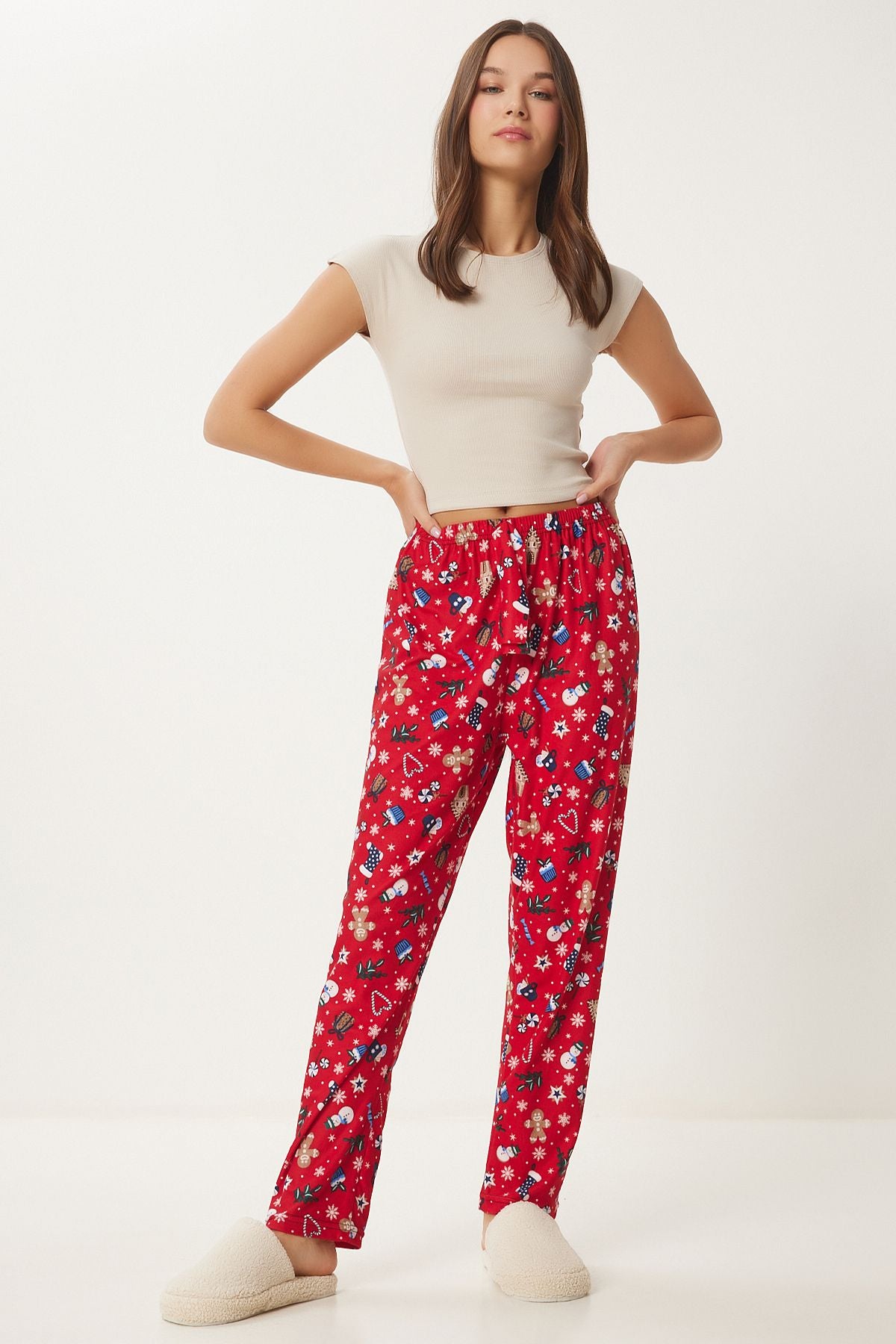 Woman Red White Patterned Soft textured knitting pajamas six Ce00089