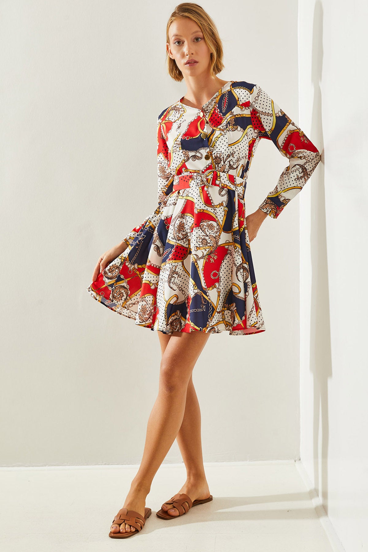 Women's V-Neck Button Detailed Chain Patterned Belted Dress 22127 60251609