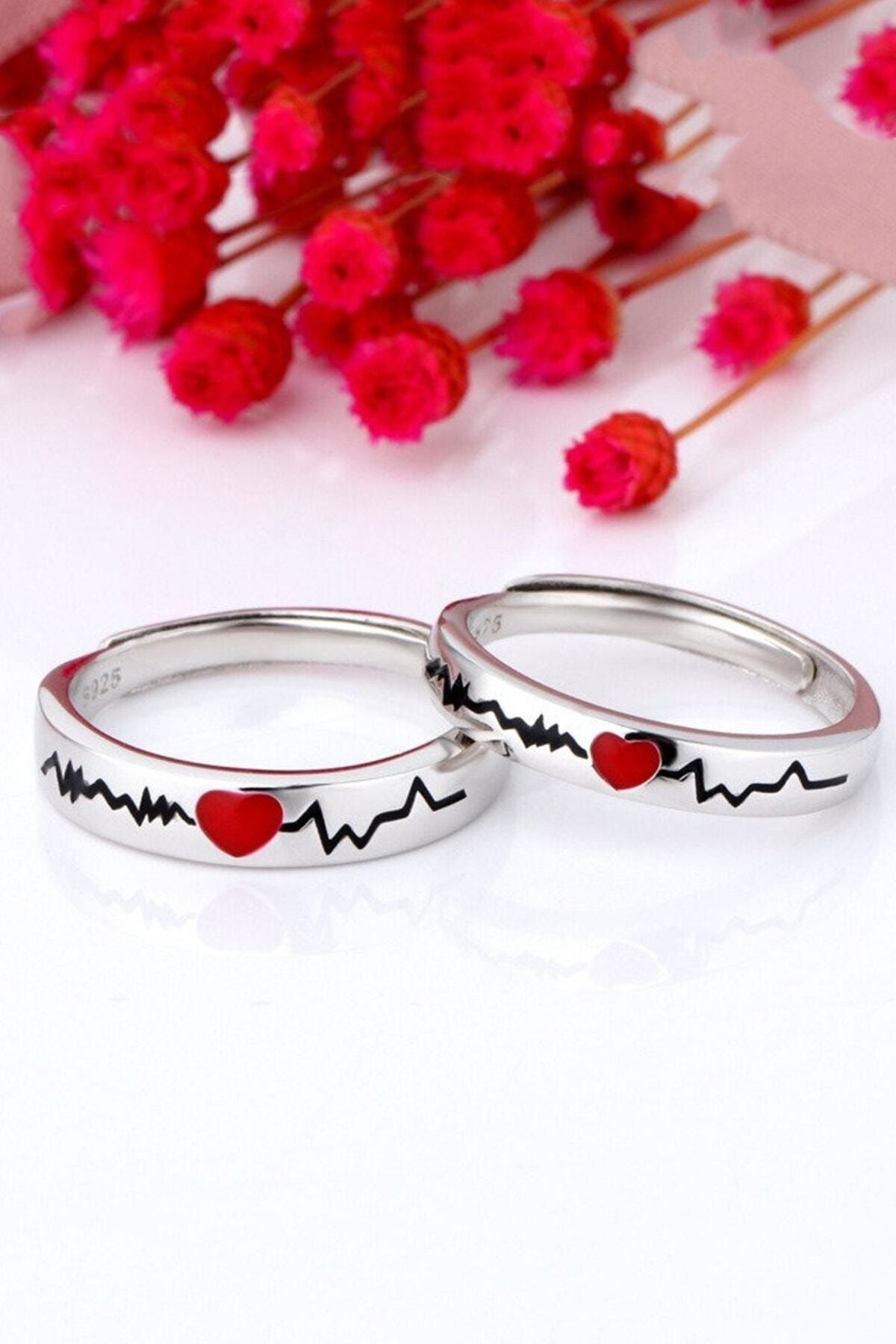 Silver plated with red heart rhythm motif adjustable double wedding rings ring