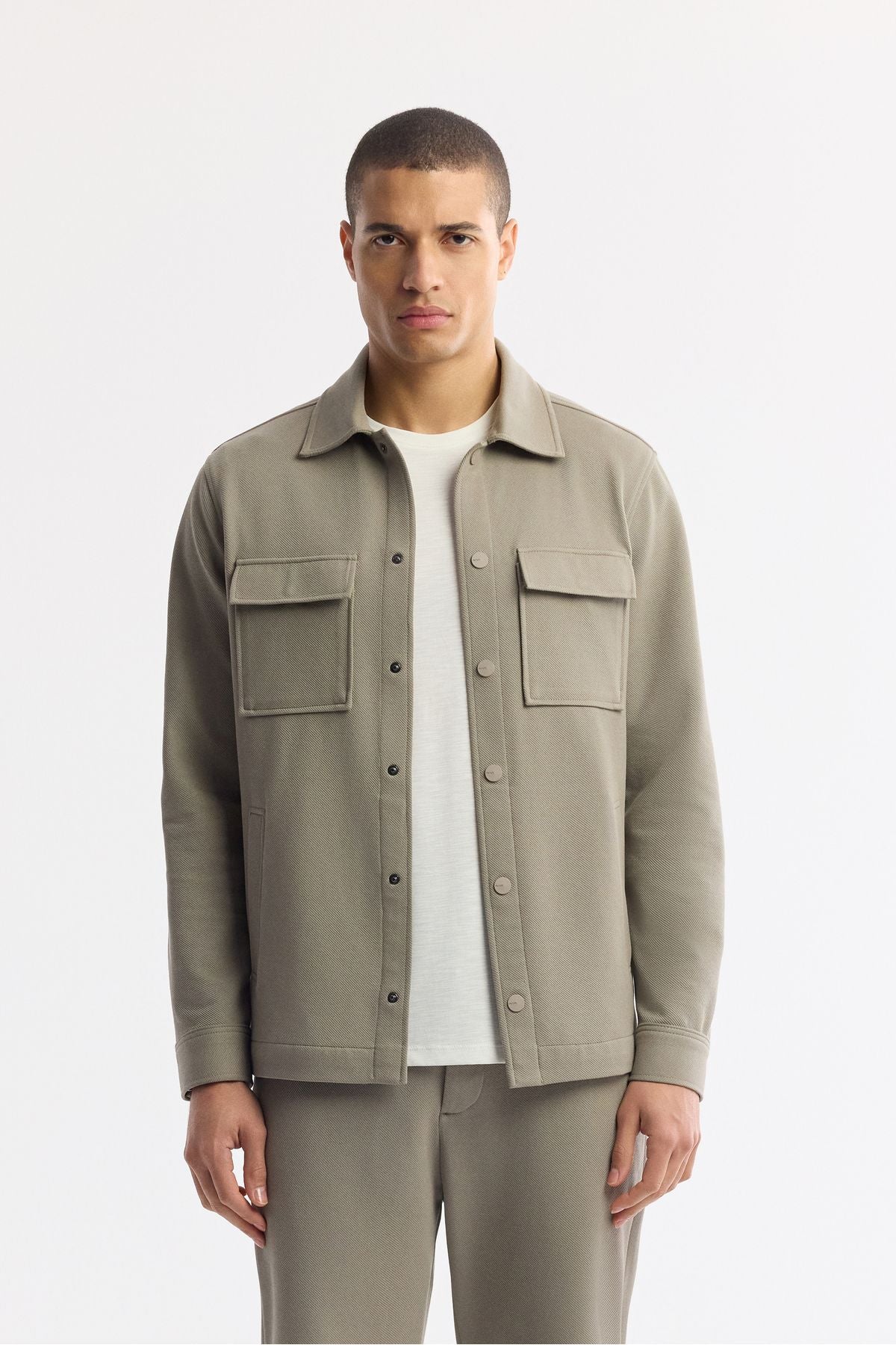 Men's oil green classic collar diagonel dual pocket lid knitted shirt jacket A51y2048