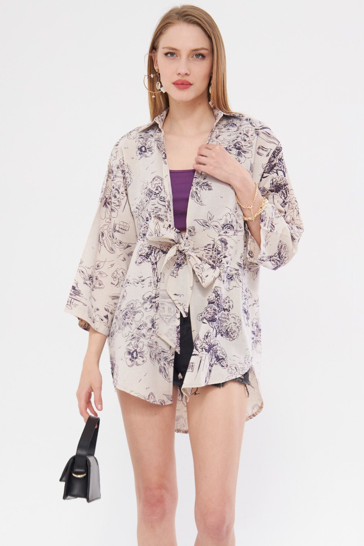 Female Purple Patterned Linen-looking front-binding kimono shirt ARM-24Y001079