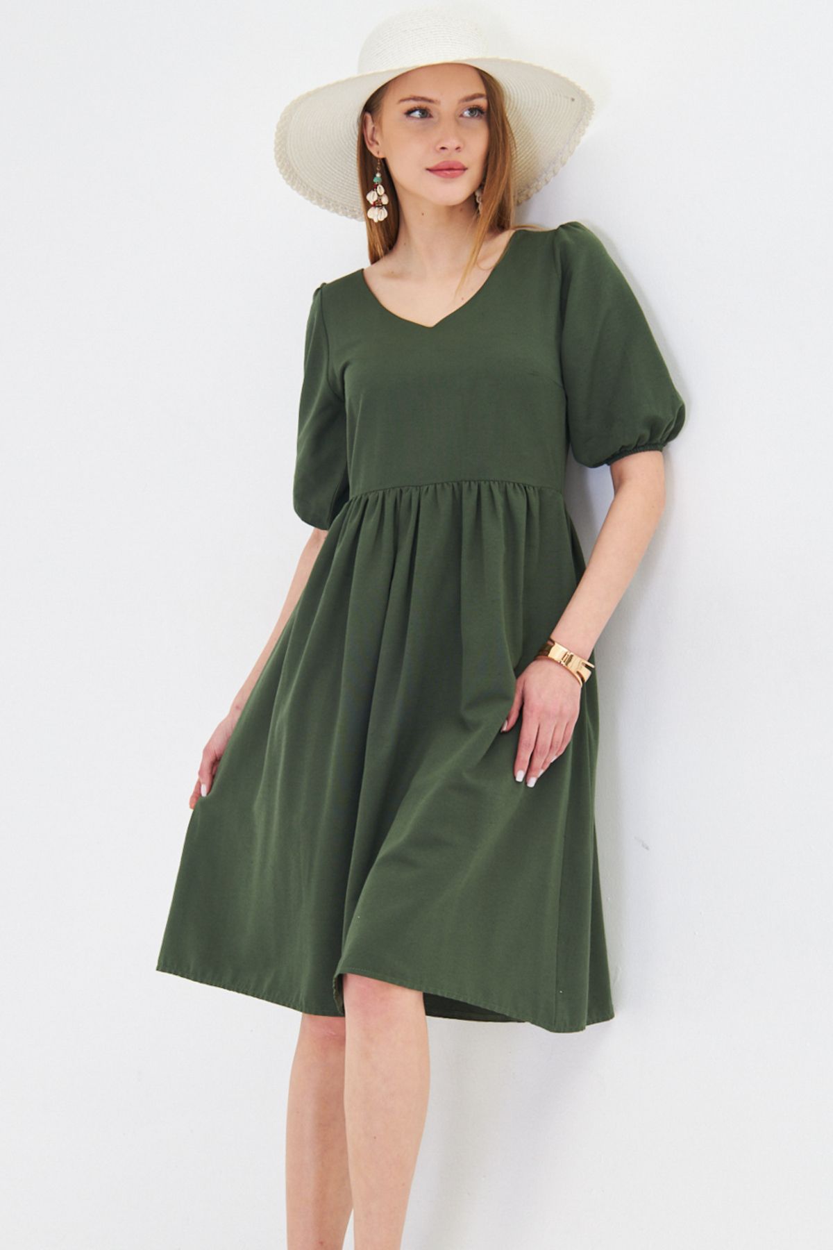 Woman Khaki U collar arms with rubber waist shirred midi size dress ARM-25Y001003