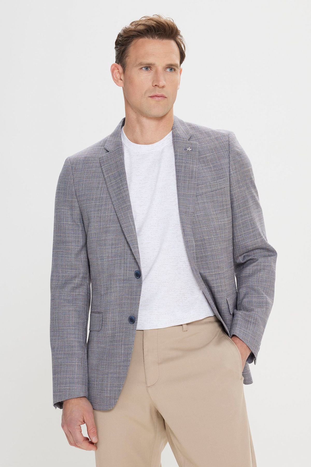 Men's Navy Blue Comfort Fit Casual Cut Mono Yaka Casual Blazer Jacket