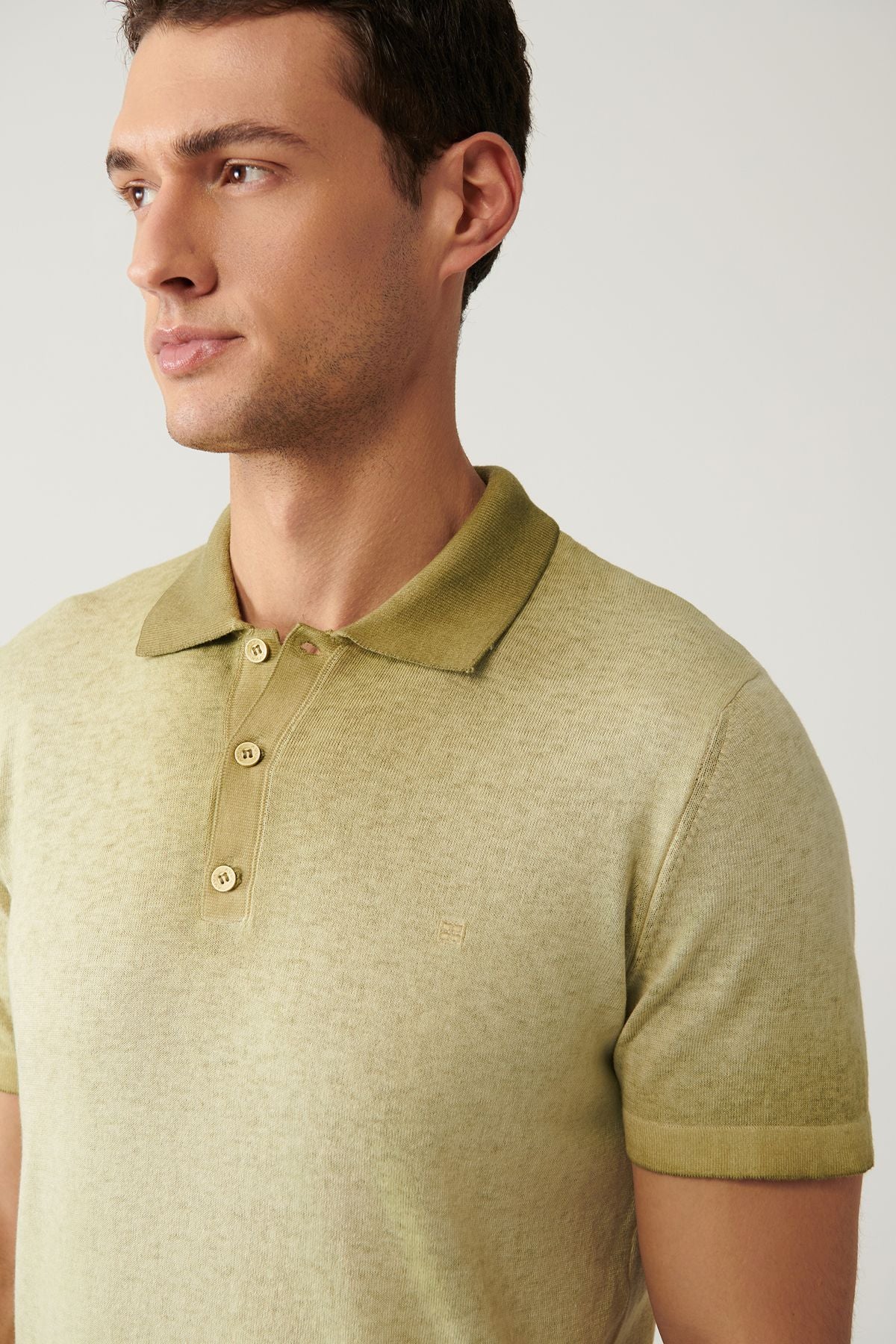 Men's open khaki 3 button paint effect Polo collar knitwear T-shirt A41y5114