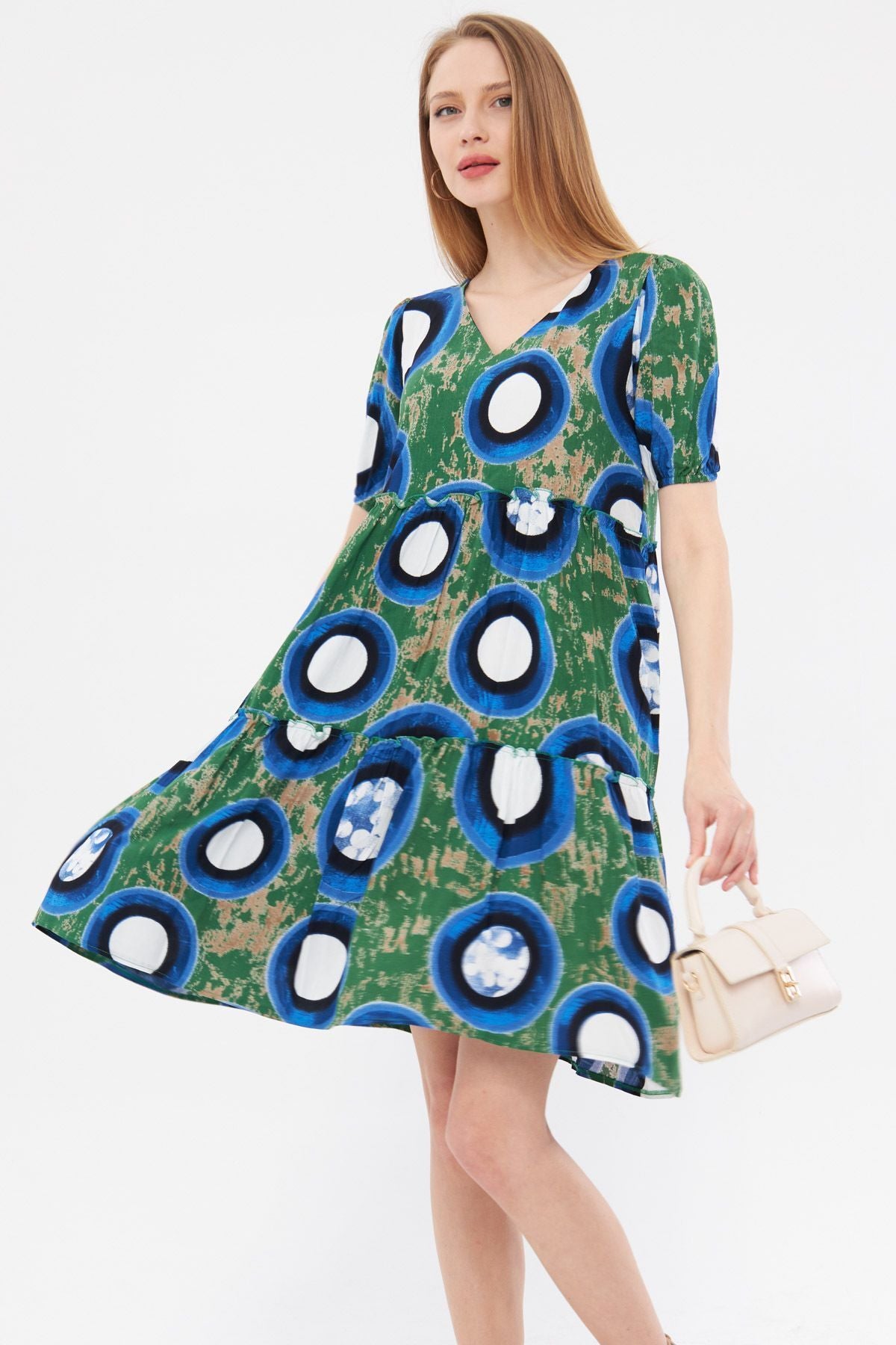Woman Light Green V-Neck Short Arm Patterned Ruffle Dress ARM-24Y001014
