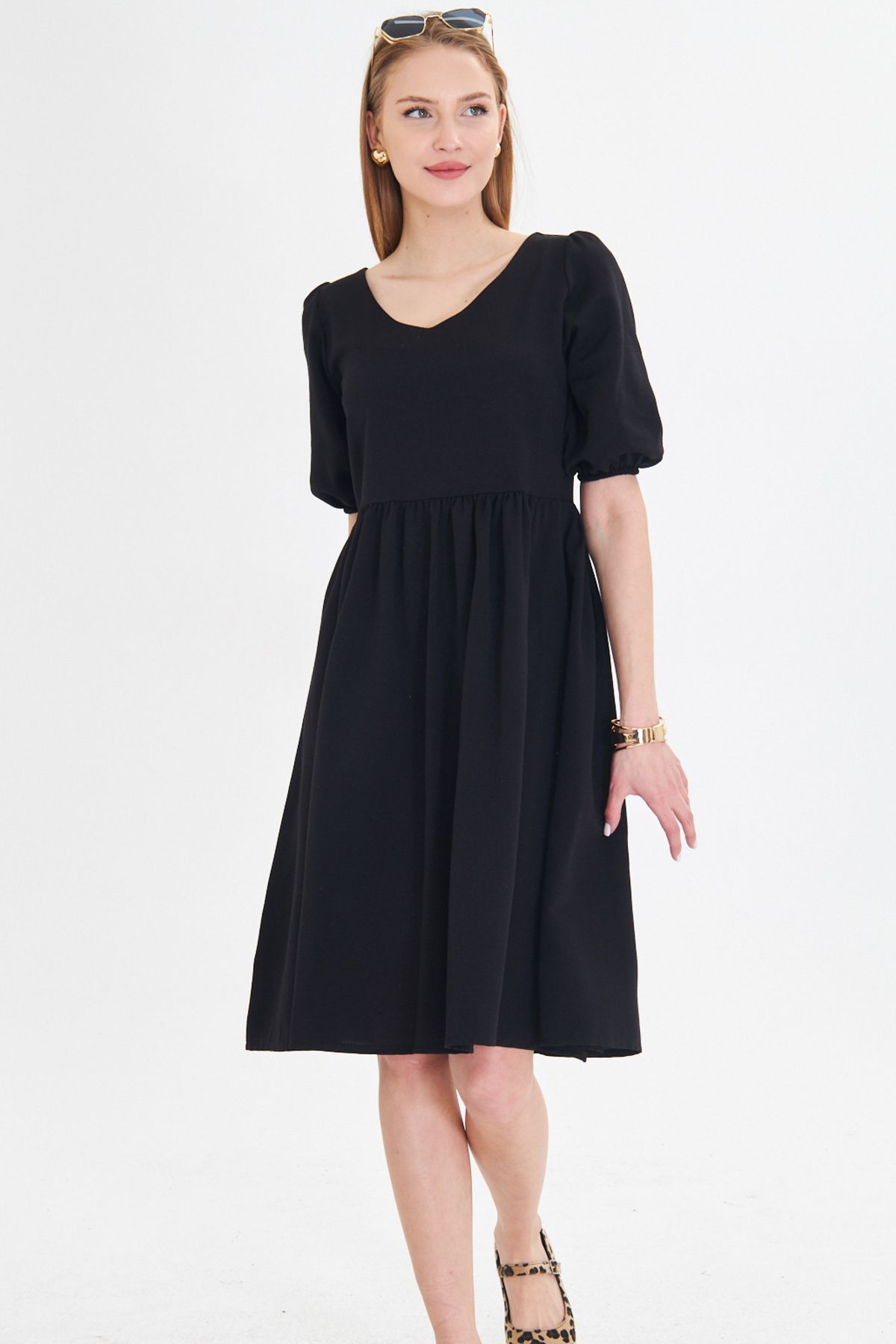 Female Black U-Neck Arms with rubber waist shirred midi size dress ARM-25Y001003