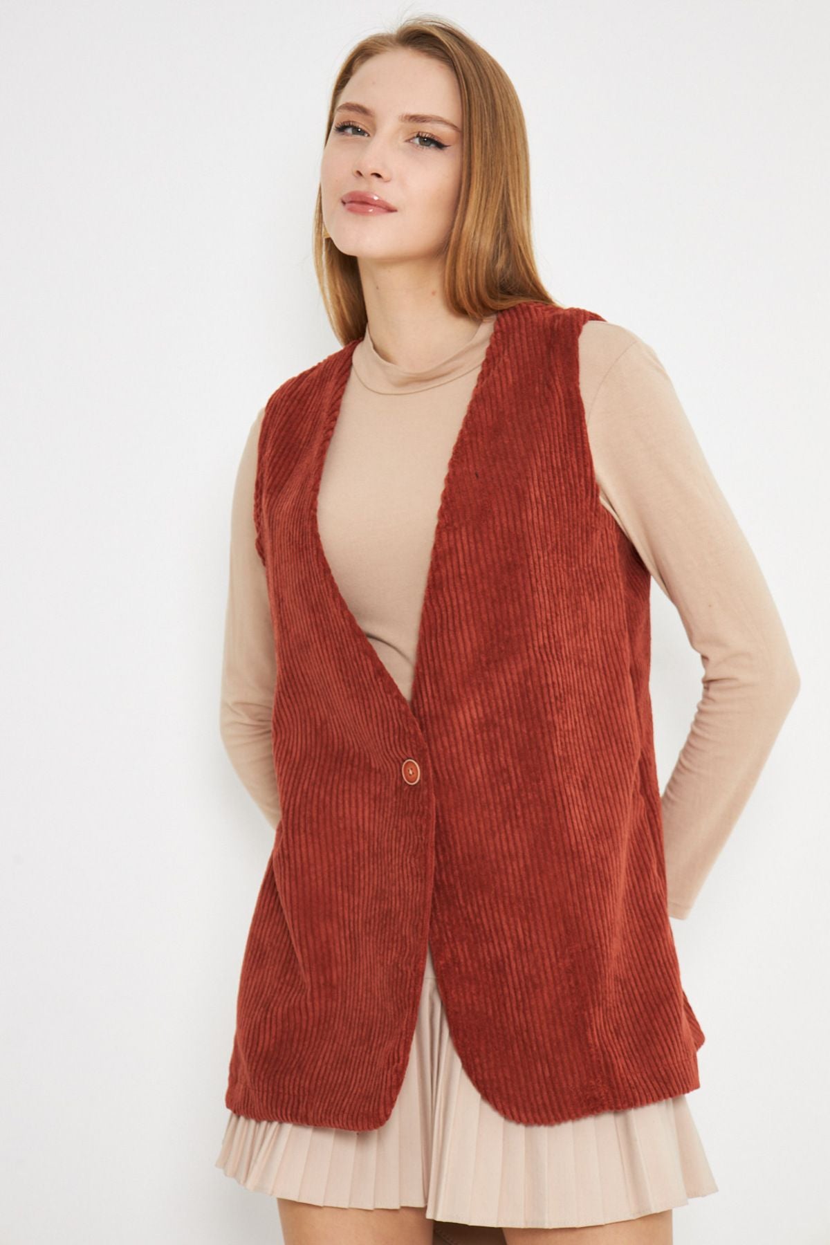 Female Tile V-Neck Single Button Oversiz Thick Wick Velvet Vest Arm-25k001016