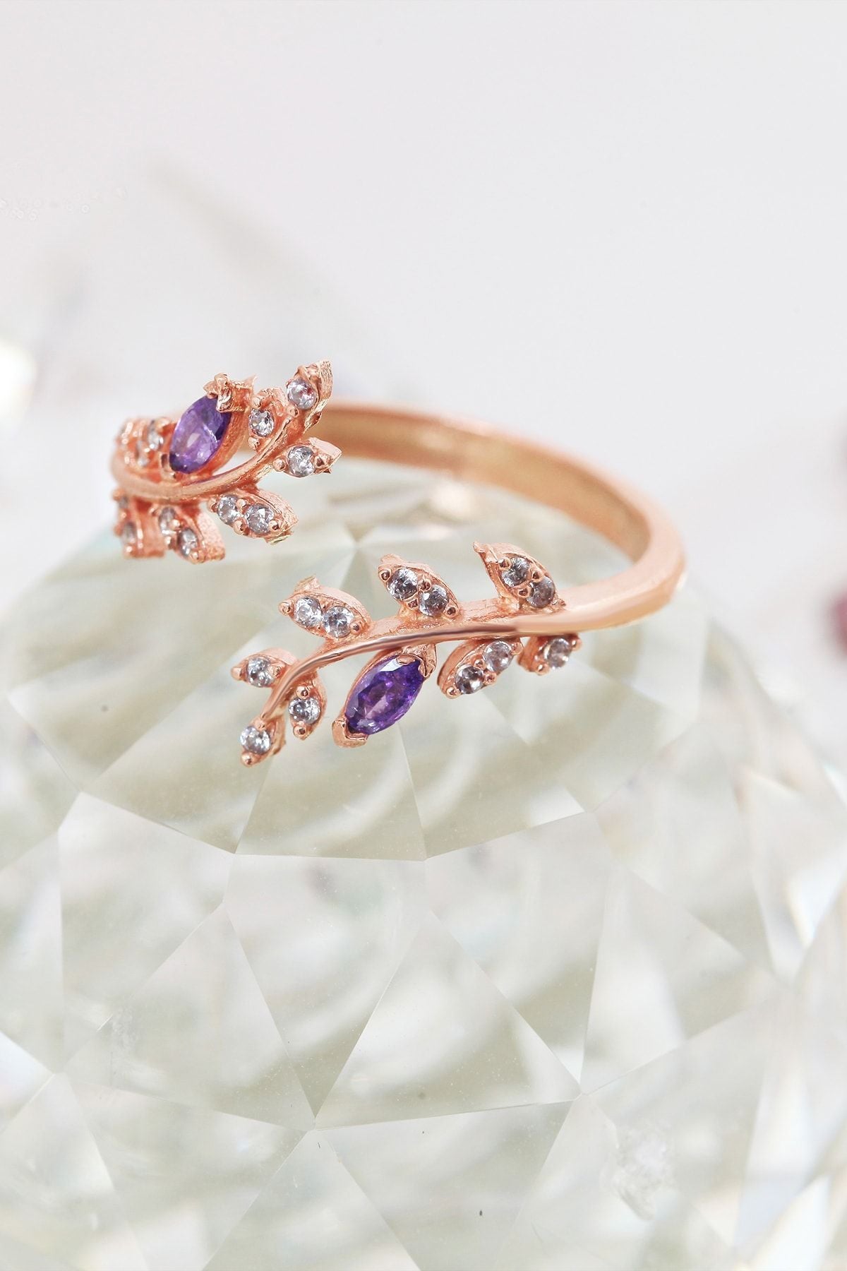 Acacia Flower Purple Adjustable 14 K Rose Gold Plated Woman Ring