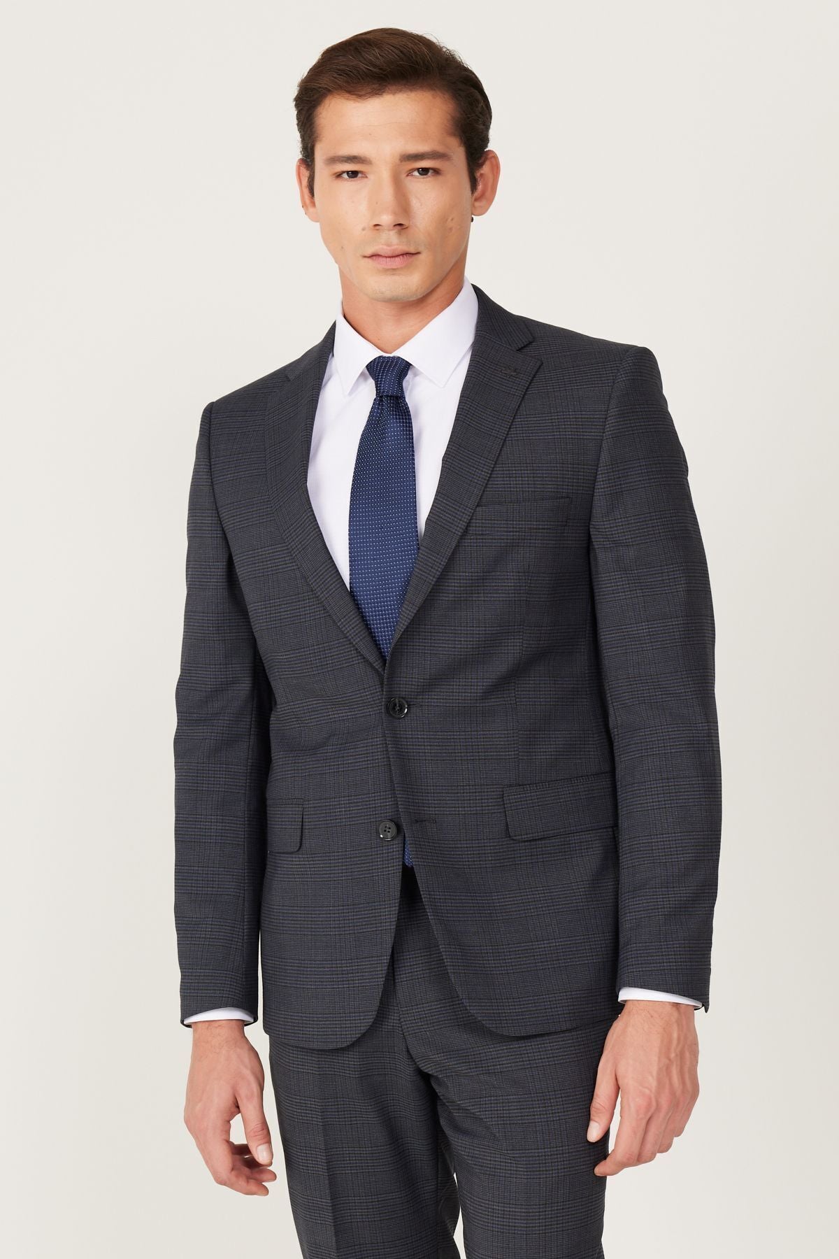 Men's anthracite-Lacivert Wool Extra Slim Fit Narrow Cut Mono Yaka Patterned Suit