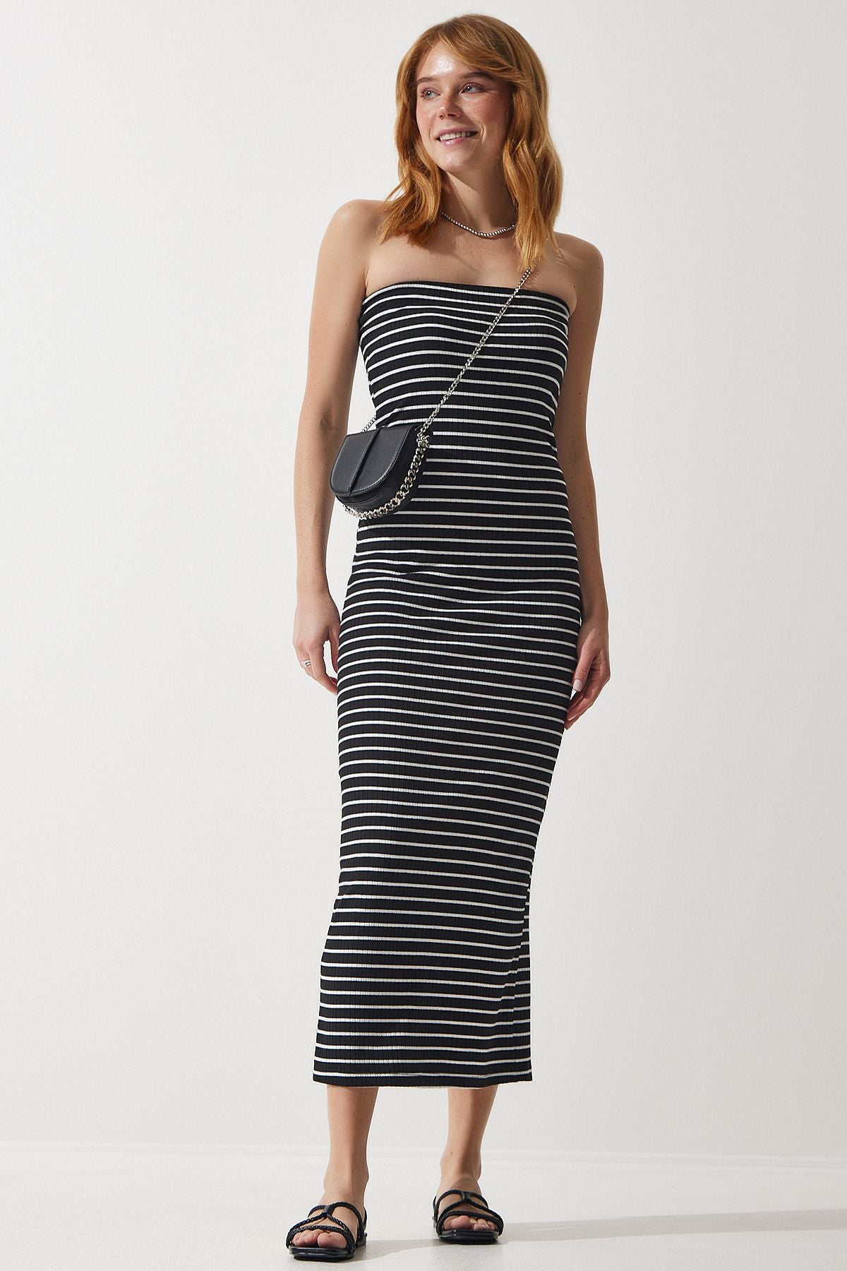 Female black striped strapless collar wick summer knitted dress ub00256