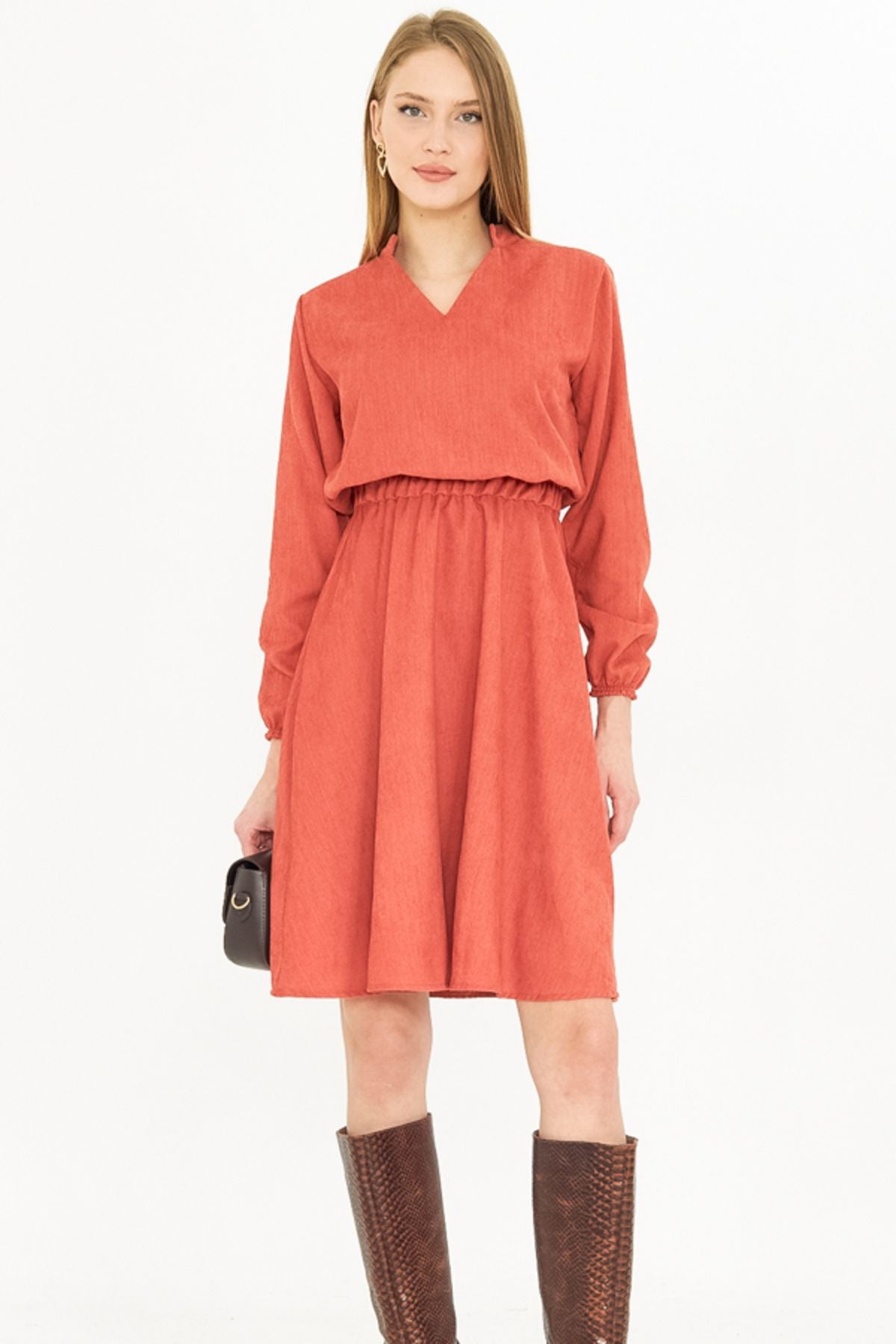 Female Salmon Velvet V-neck Waist Thin Fine Red Clash Dress ARM-25K001049