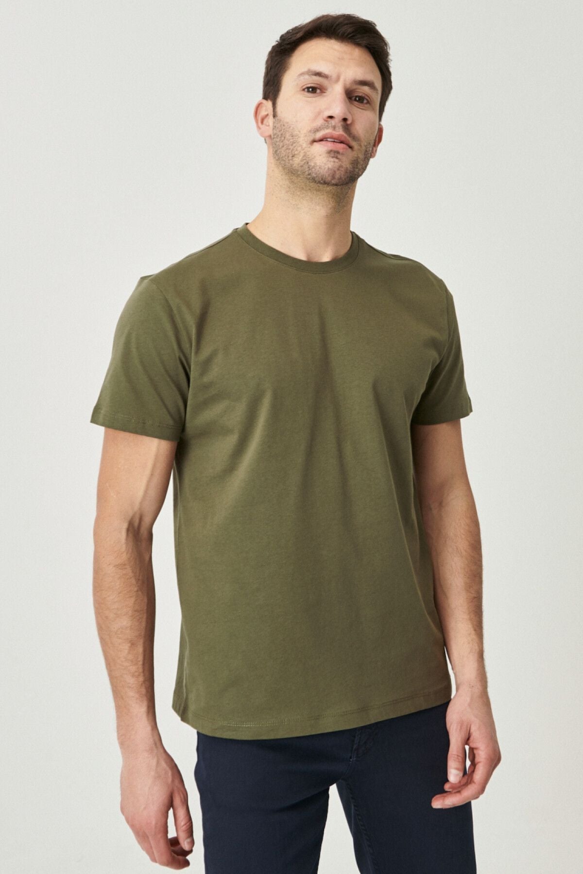 Male Khaki 100 %Cotton Slim Fit Narrow Cut Bike Bike Basic T -shirt