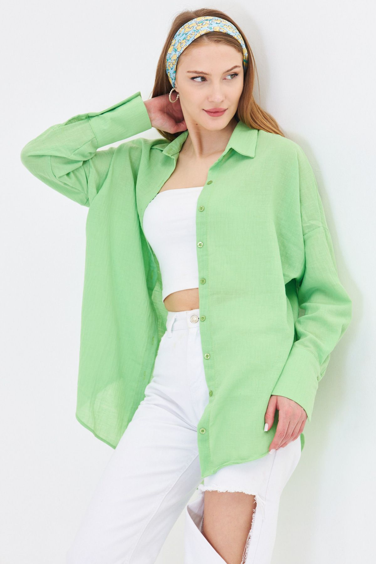 Woman Light Green Oversize textured linen-looking large cuff shirt ARM-24K001001