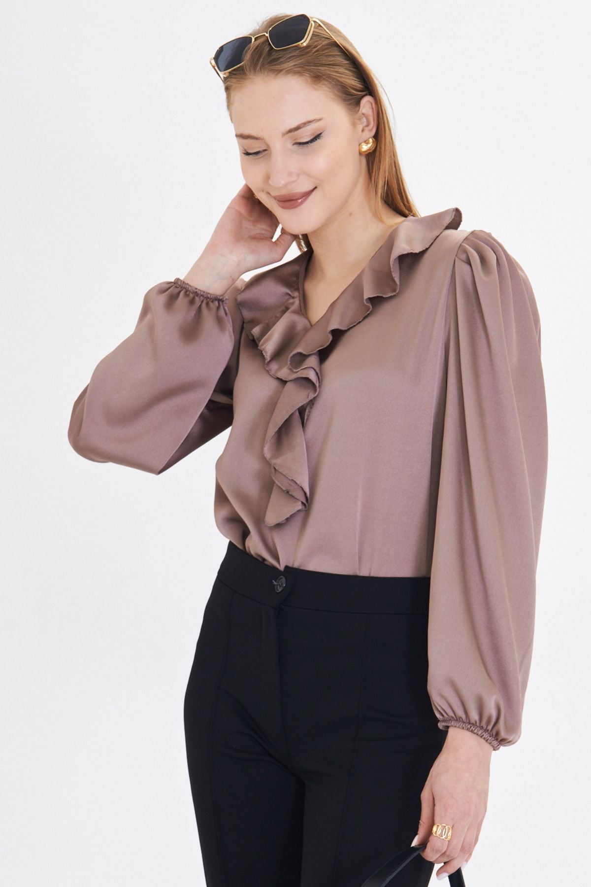 Female mink collar frilled shoulder shirred arm tire cotton satin blouse ARM-22K001059