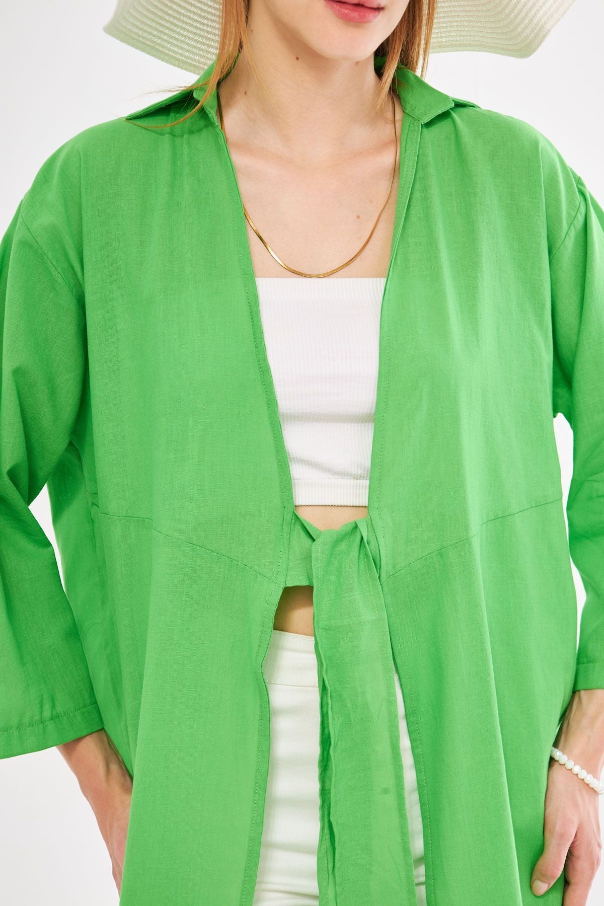 Female green front-binding thin linen fabric midi height kimono shirt ARM-24Y001081
