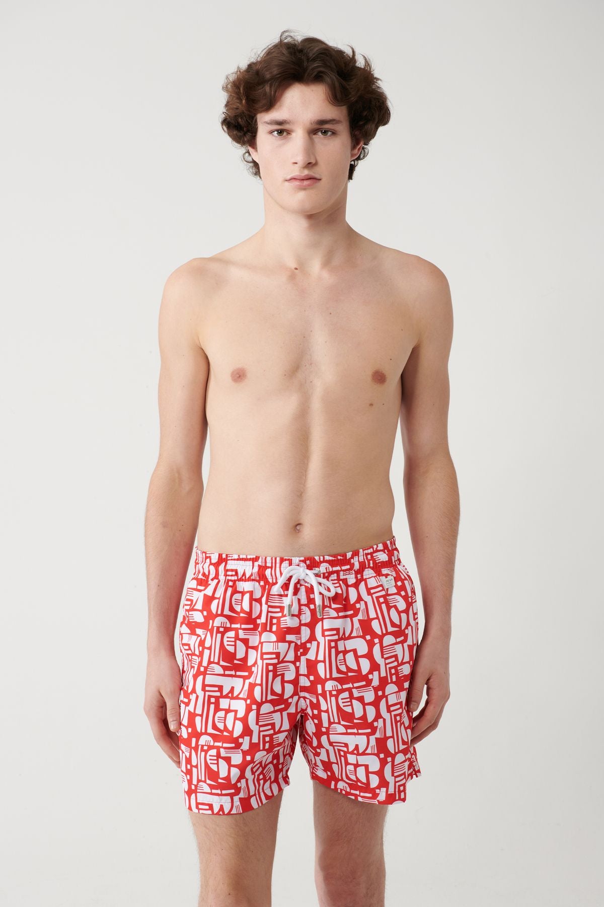 Men's red fast -drying geometric patterned swimsuit sea shorts A41y3813