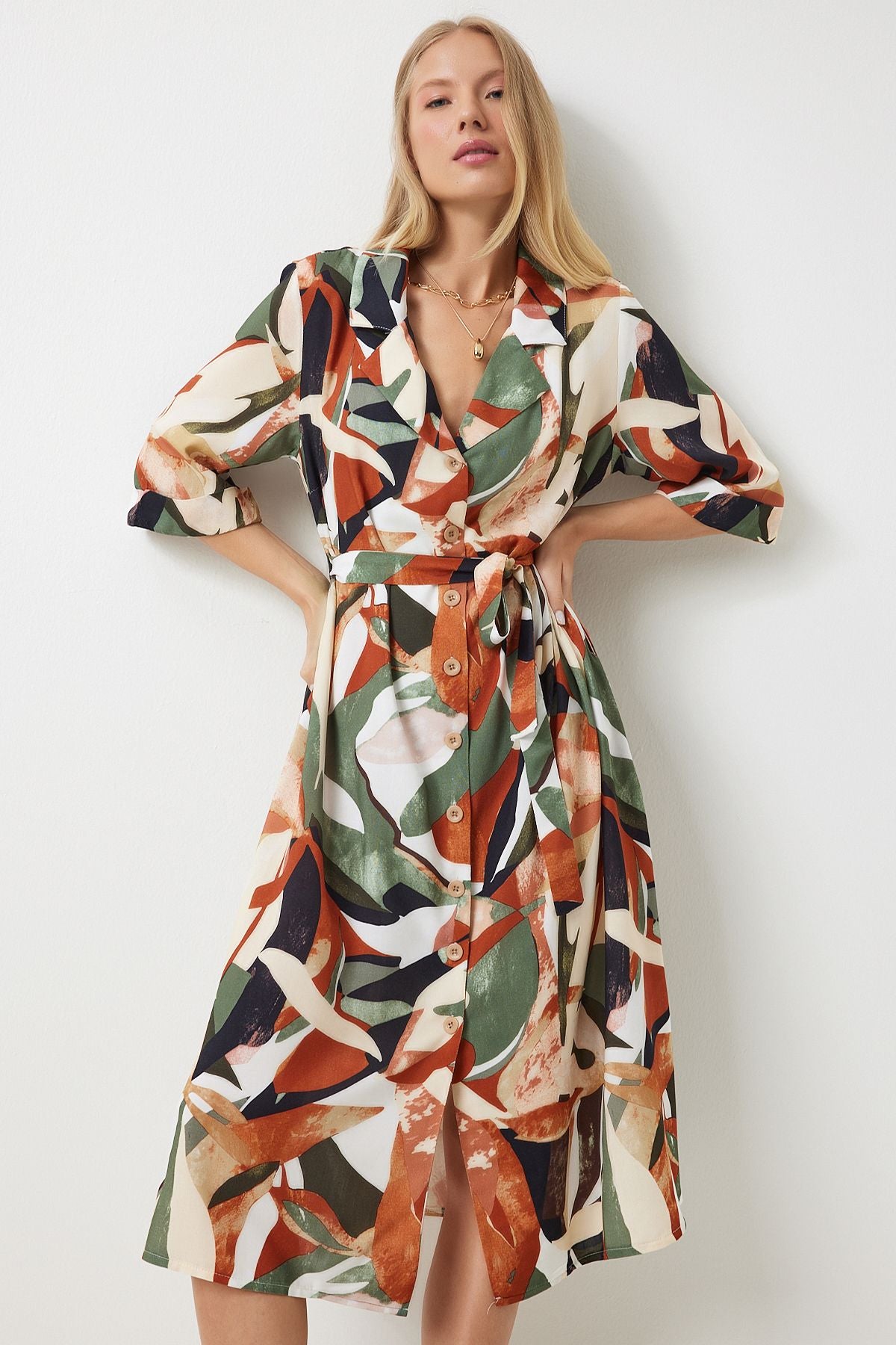 Female Khaki Tile Patterned Summer Viscose Shirt Dress MX00166