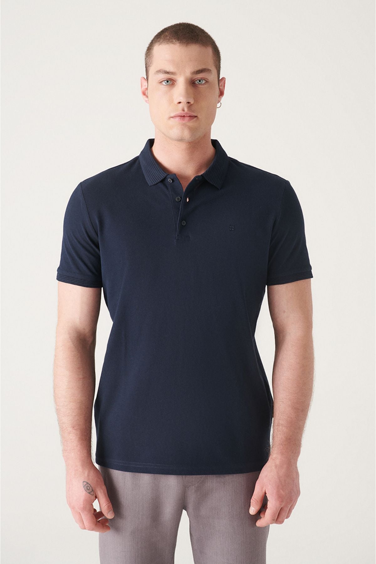 Men's Navy Blue 3 Button 100 %Corn Cotton Polo Yaka T-Shirt B001027