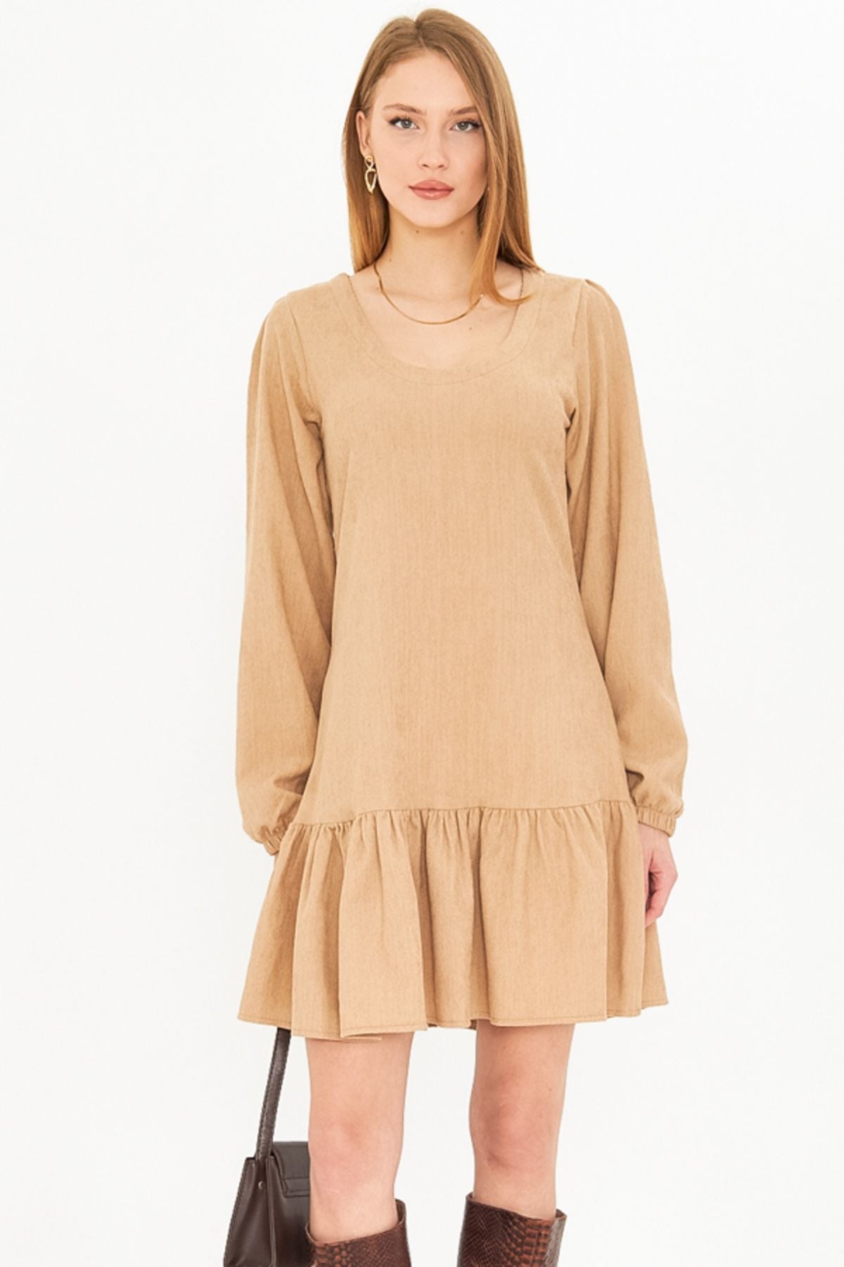 Female Beige U Yaka Skirt Nip Ruffled Sleeves with rubber Velvet Short Dress ARM-25K001086