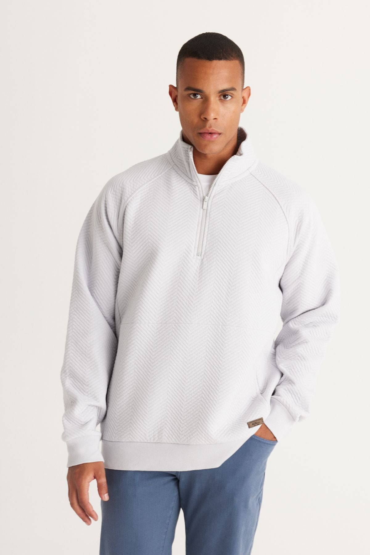 Men's light gray loose fit upright bato collar polar polar 3 IP patterned sweatshirt