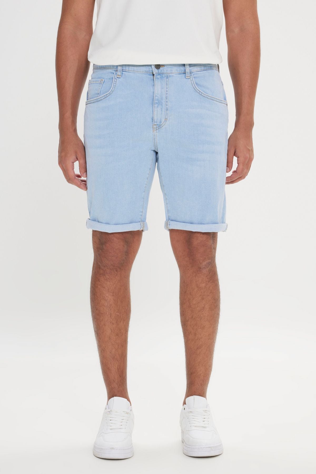 Men's light blue slim fit narrow cut cotton flexible denim shorts
