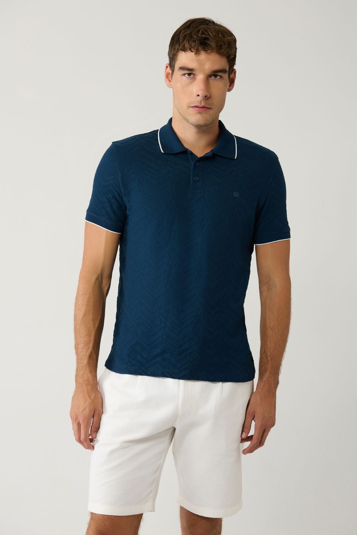 Erkek Lacivert %100 Pamuk 3 Düğmeli Jakarlı Polo Yaka T-shirt A41y1147