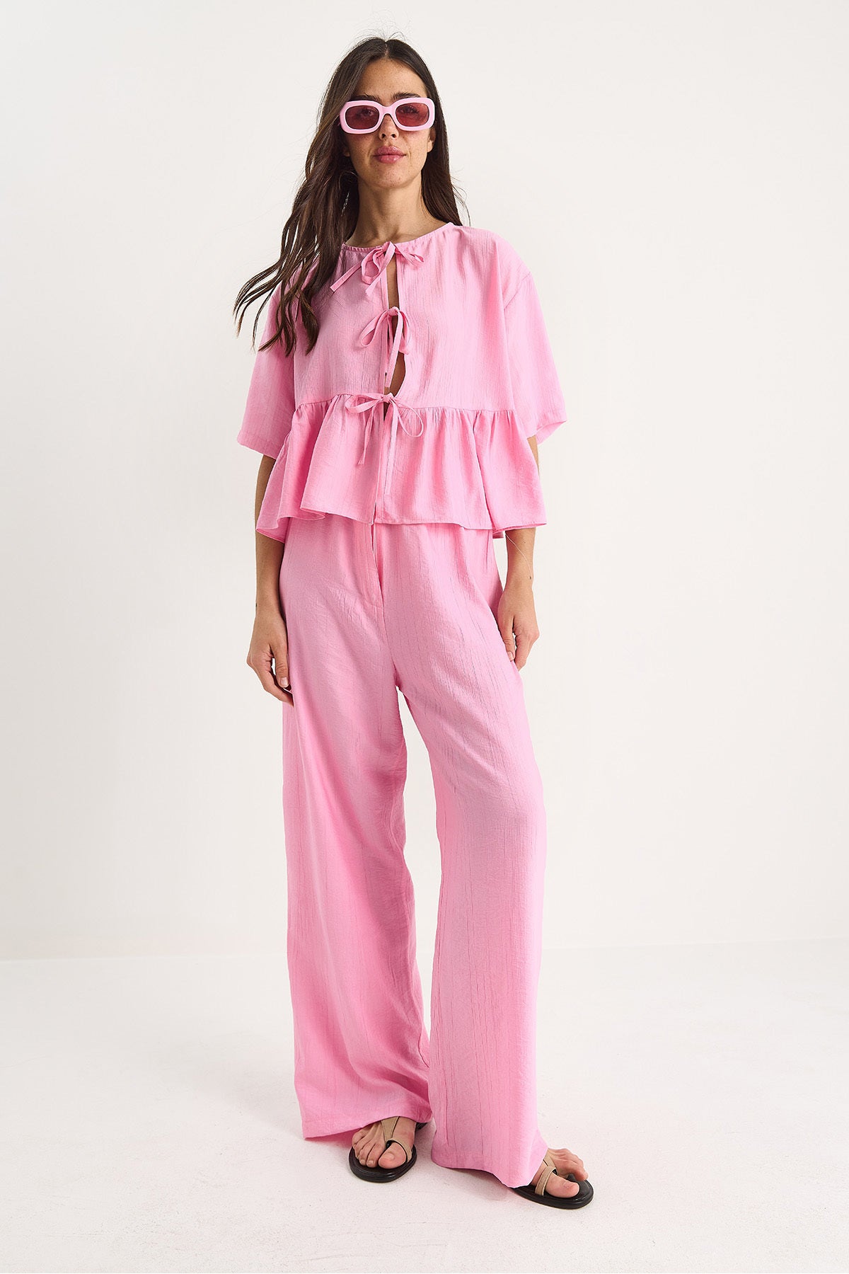 Women's Tie Detailed Short Sleeve Blouse Trousers Bottom-Top Set 9265 60281014