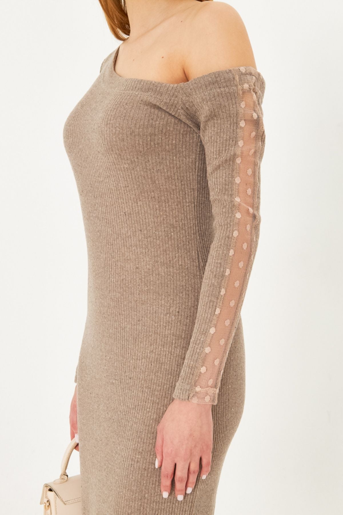 Female Beige asymmetric collar arm tulle slit with midi midi size dress ARM-25K001081