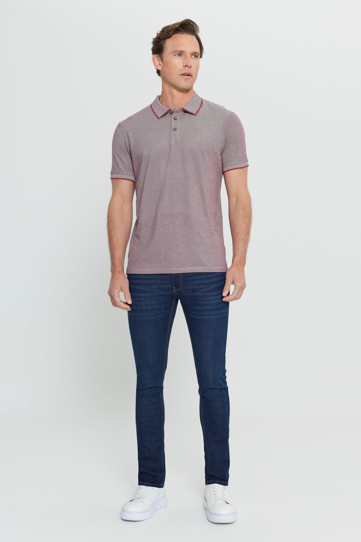 Men-Plugging Cotton Fabric Slim Fit Narrow Cut Burgundy Curled Polo Yaka T-shirt