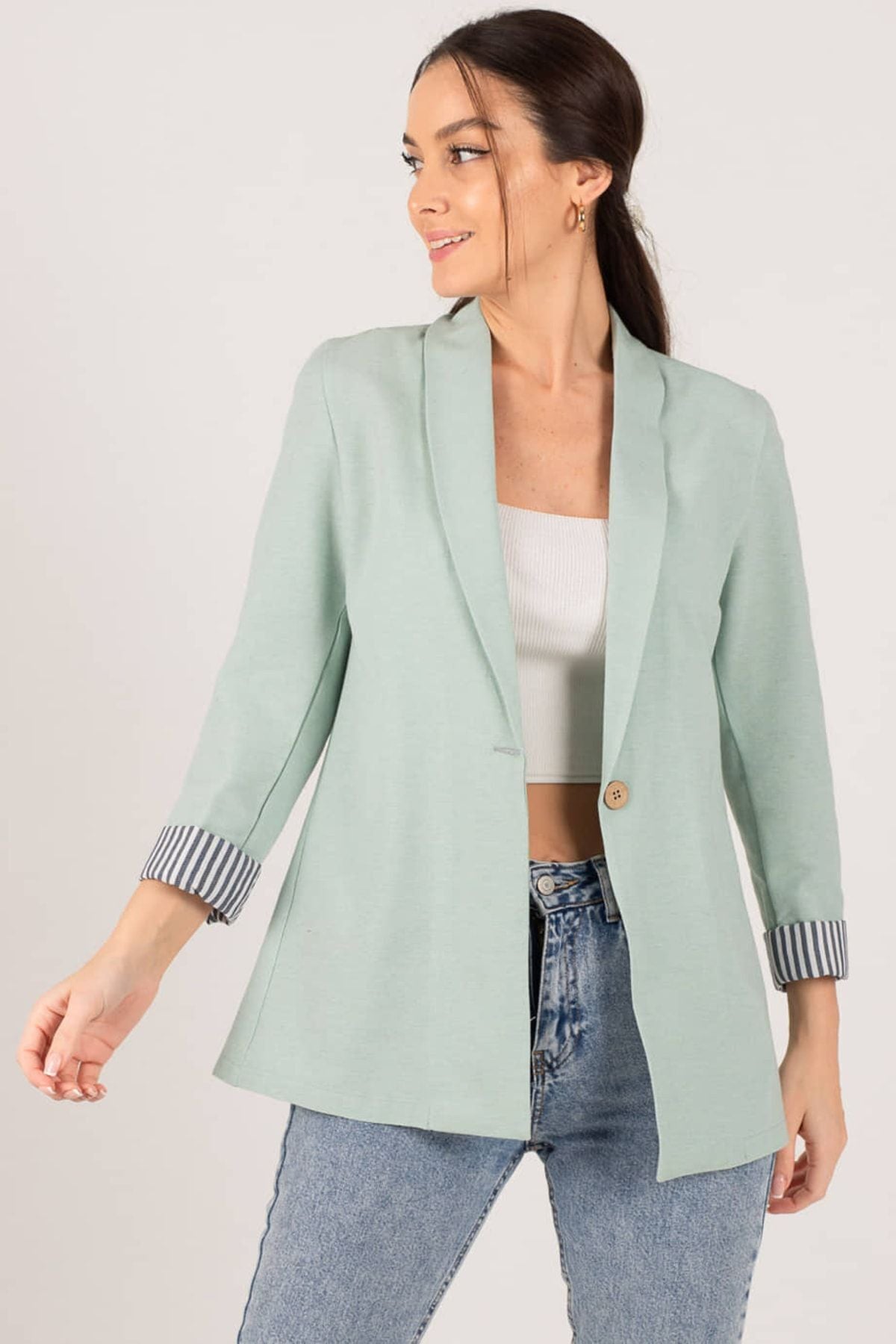 Female Mint Sleeve Striped Single button Jacket ARM-22K001122