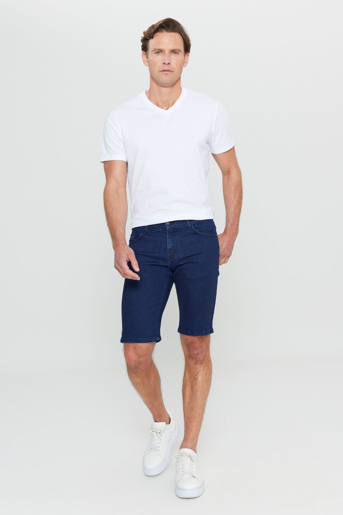 Men's dark navy blue slim fit narrow cut cotton flexible denim shorts