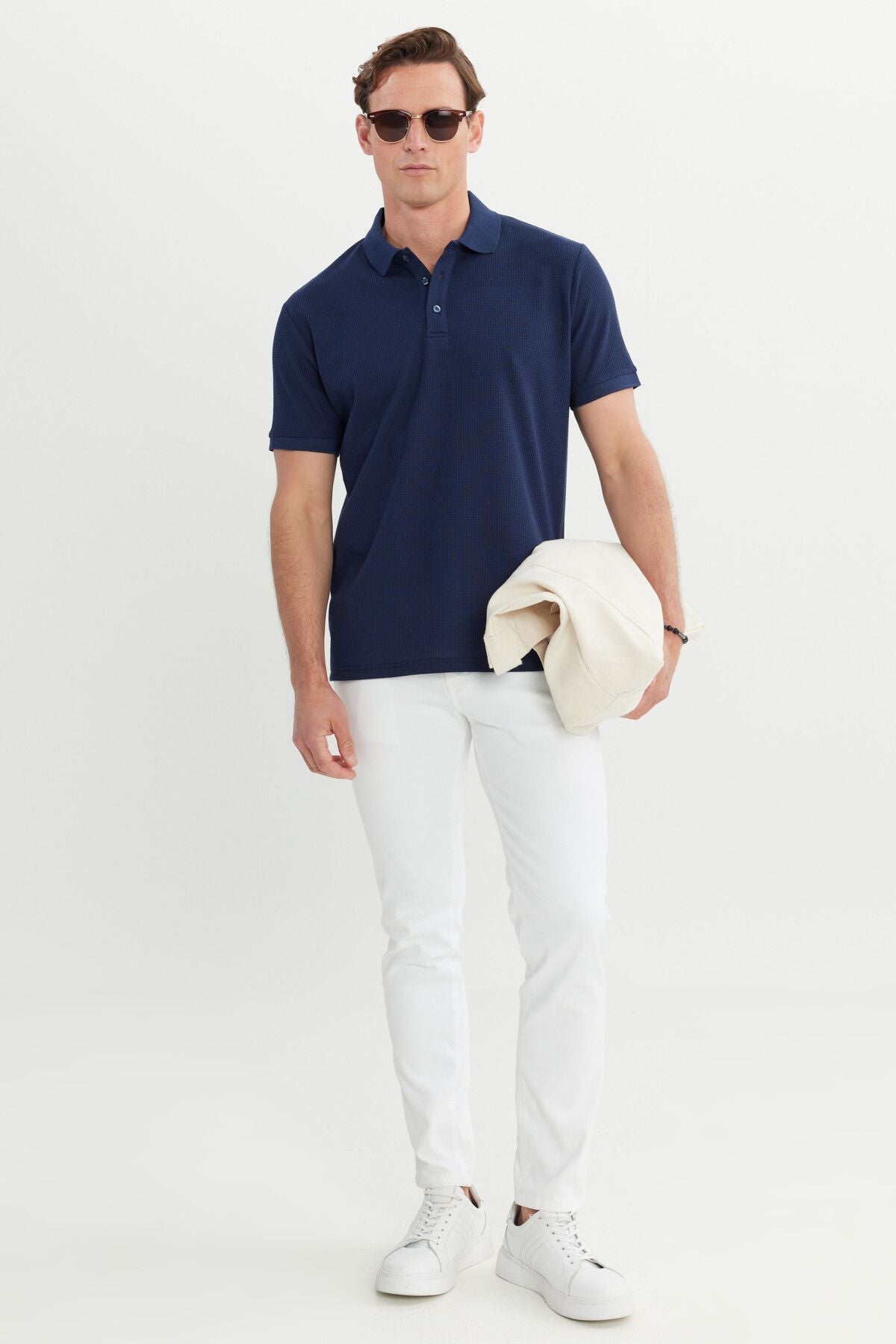 Men's Navy Blue Cotton Standard Fit Normal Cut Patterned Polo Yaka T -shirt