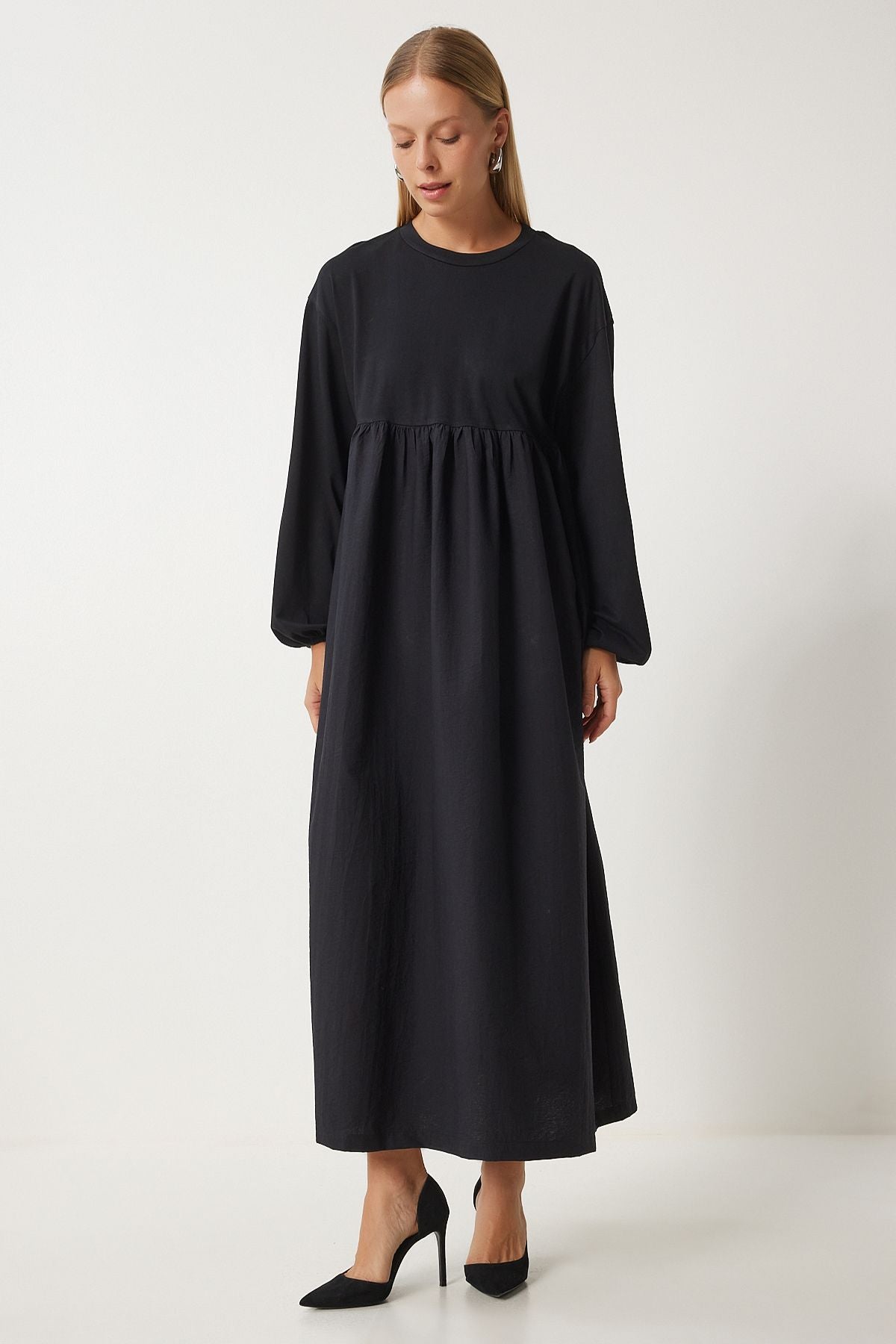 Women's black flywheel balloon sleeve long weaving dress RG00044