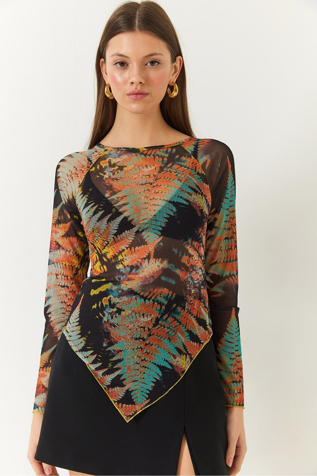 Female Bicycle Collar Digital Printed Asymmetric Cutting Tulle Blouse 60261368