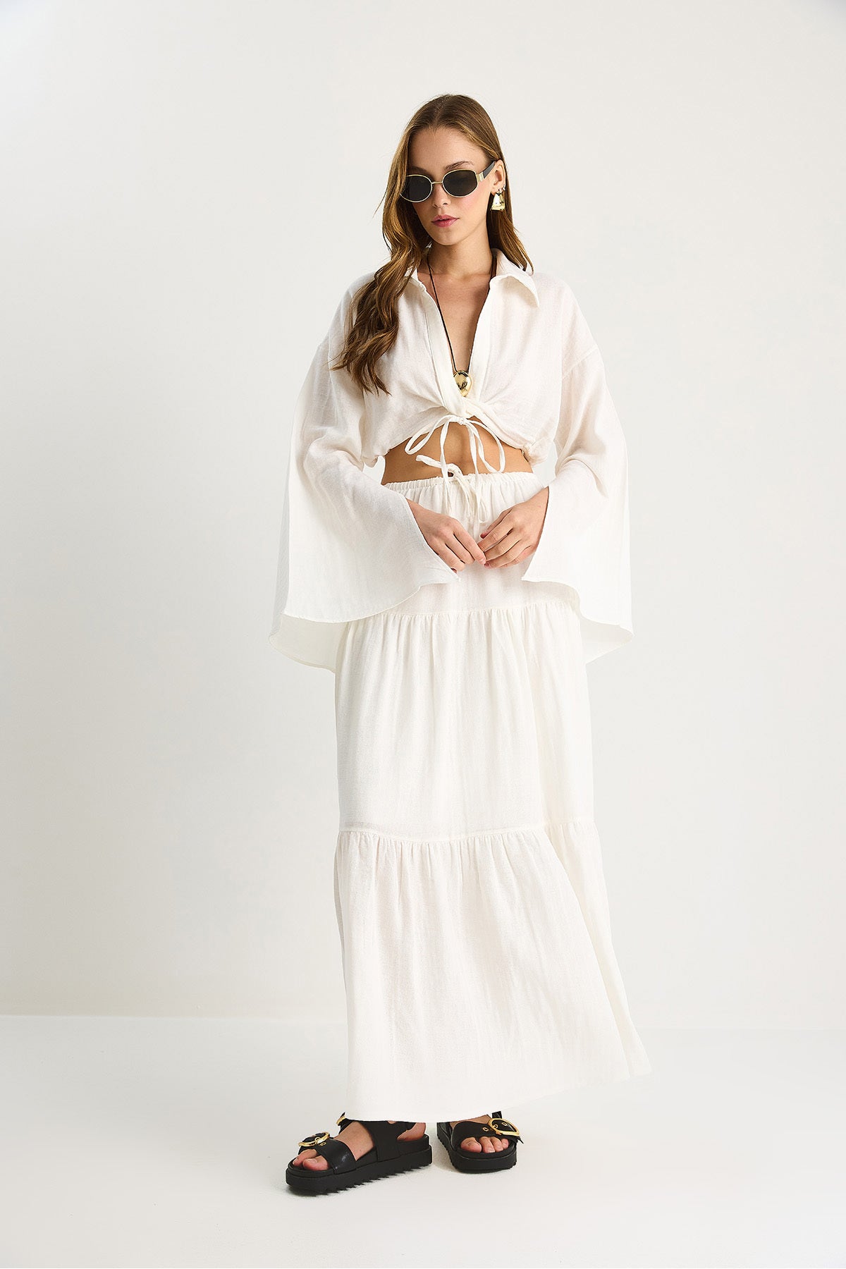 Women's Tie Detailed Slit Wide Sleeve Blouse Lined Long Skirt Suit DT251007 60283497