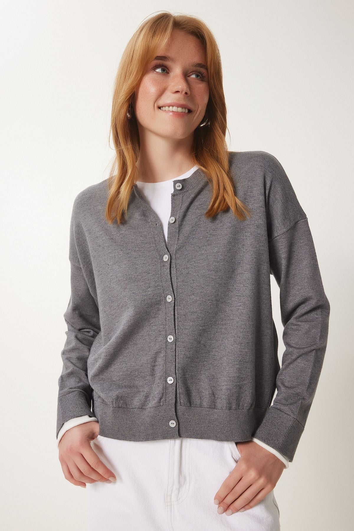 Female Gray Contrast Ribbon Detailed Seasonal Triko Cardigan US00953