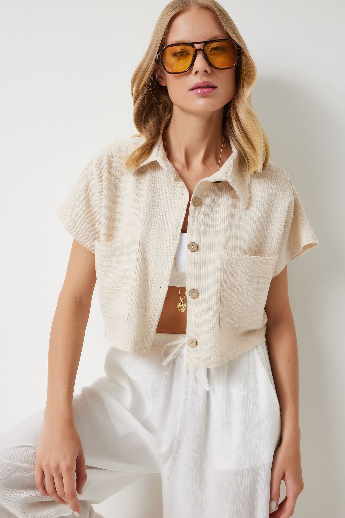 Women's Cream Wide Pocket Cottage Summer Bolero Jacket GP00004