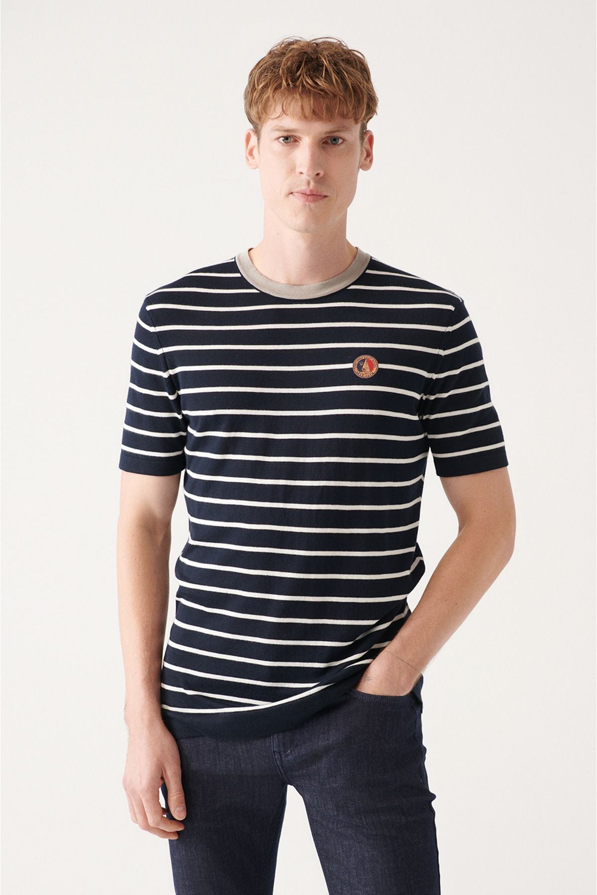 Men's navy blue cotton bike collar striped knitwear T-shirt A31y5032