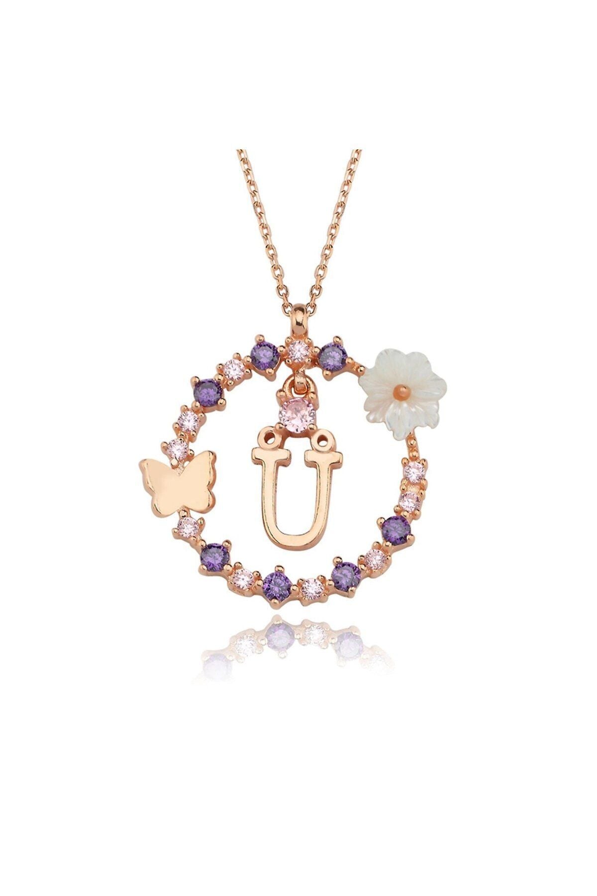 Magnolia Flower Dreams Glitter 14k Rose Gold ü Letter Women's Necklace