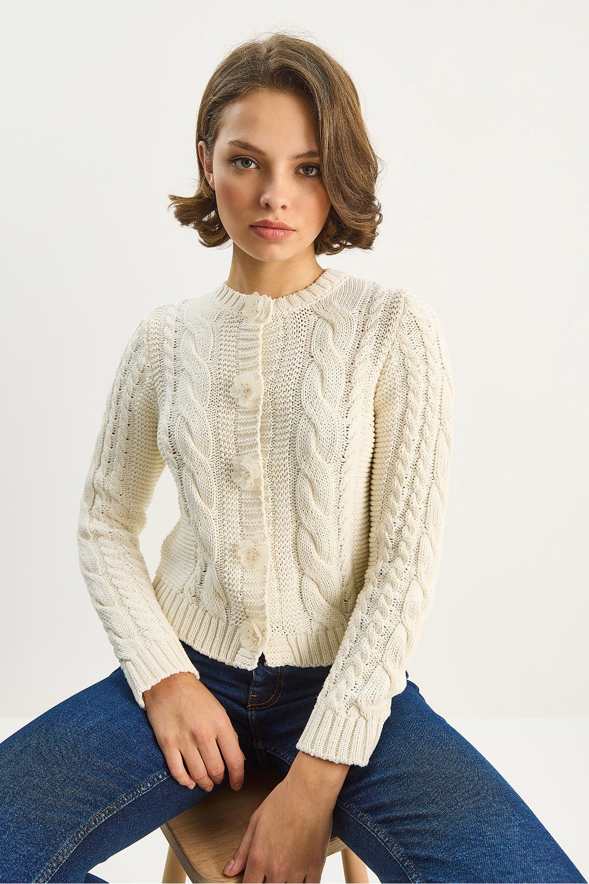 Women's Crew Neck Hair Knitted Flower Button Accessory Knitwear Cardigan 4986 60283706