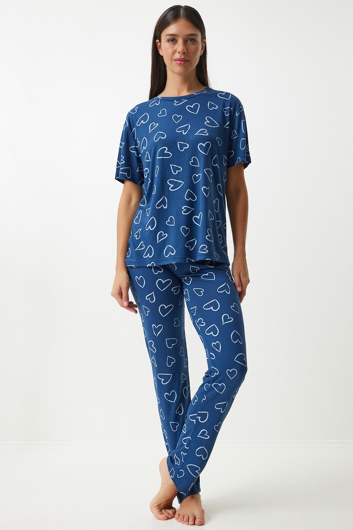 Female navy blue patterned viscose pants T-shirt pajama set EC00046