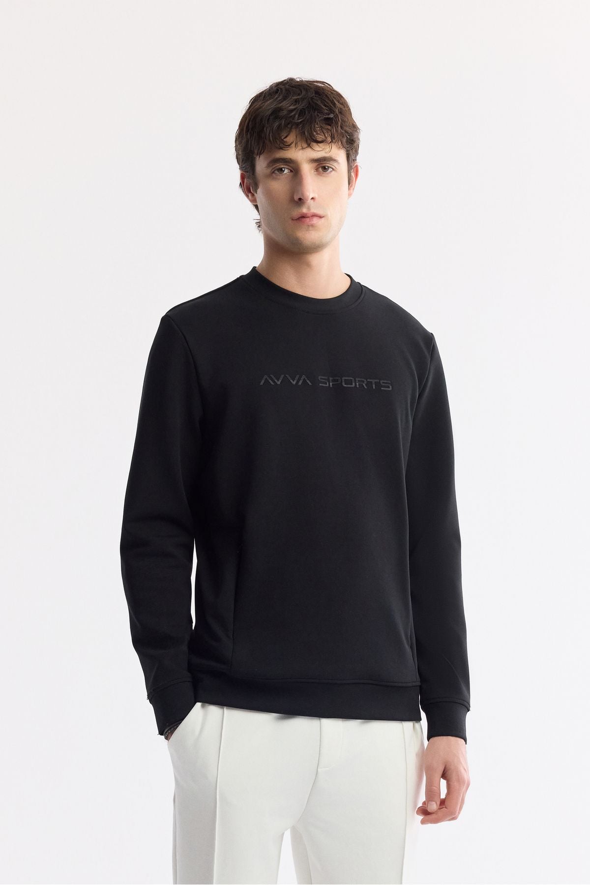 Erkek Siyah Bisiklet Yaka Enjeksiyon Baskılı Gizli Fermuarlı İnterlok Sweatshirt A51Y1208