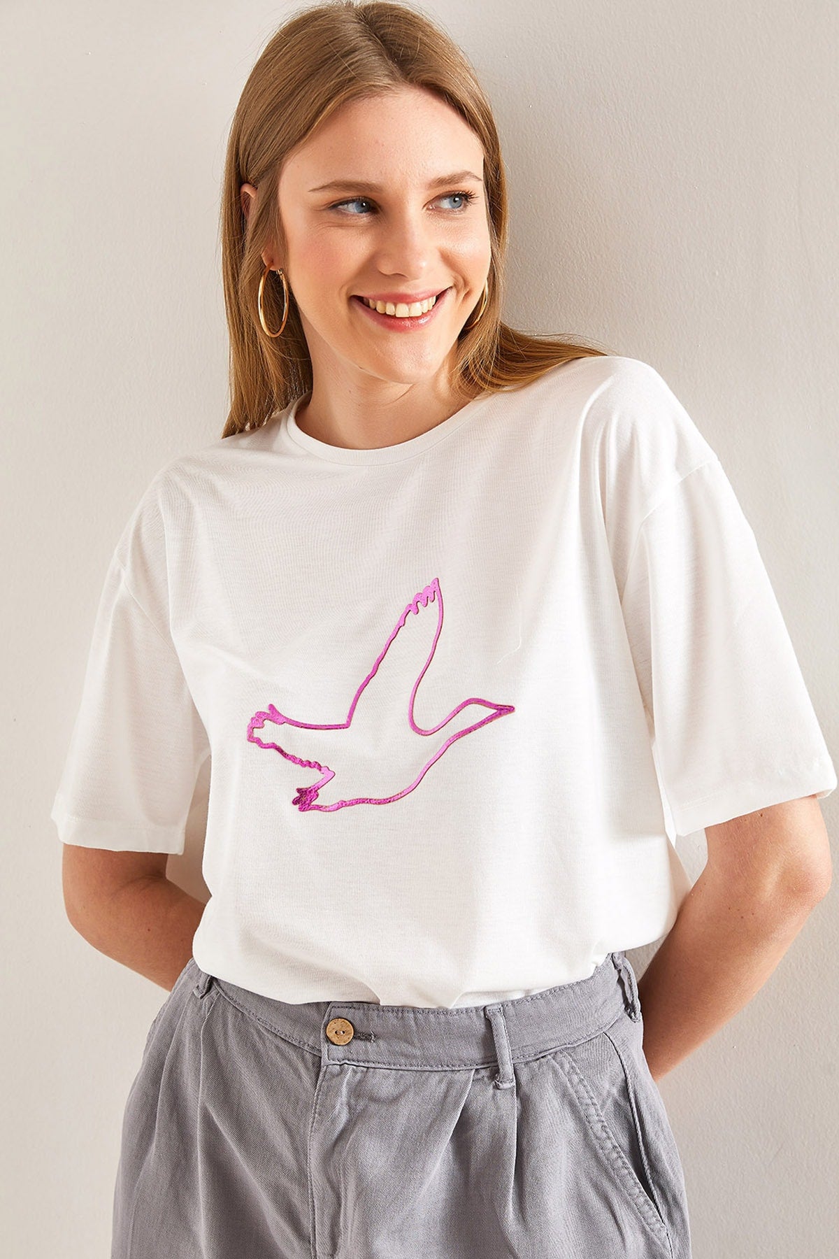 Women's Bird Embroidered Basic Tshirt 40881021