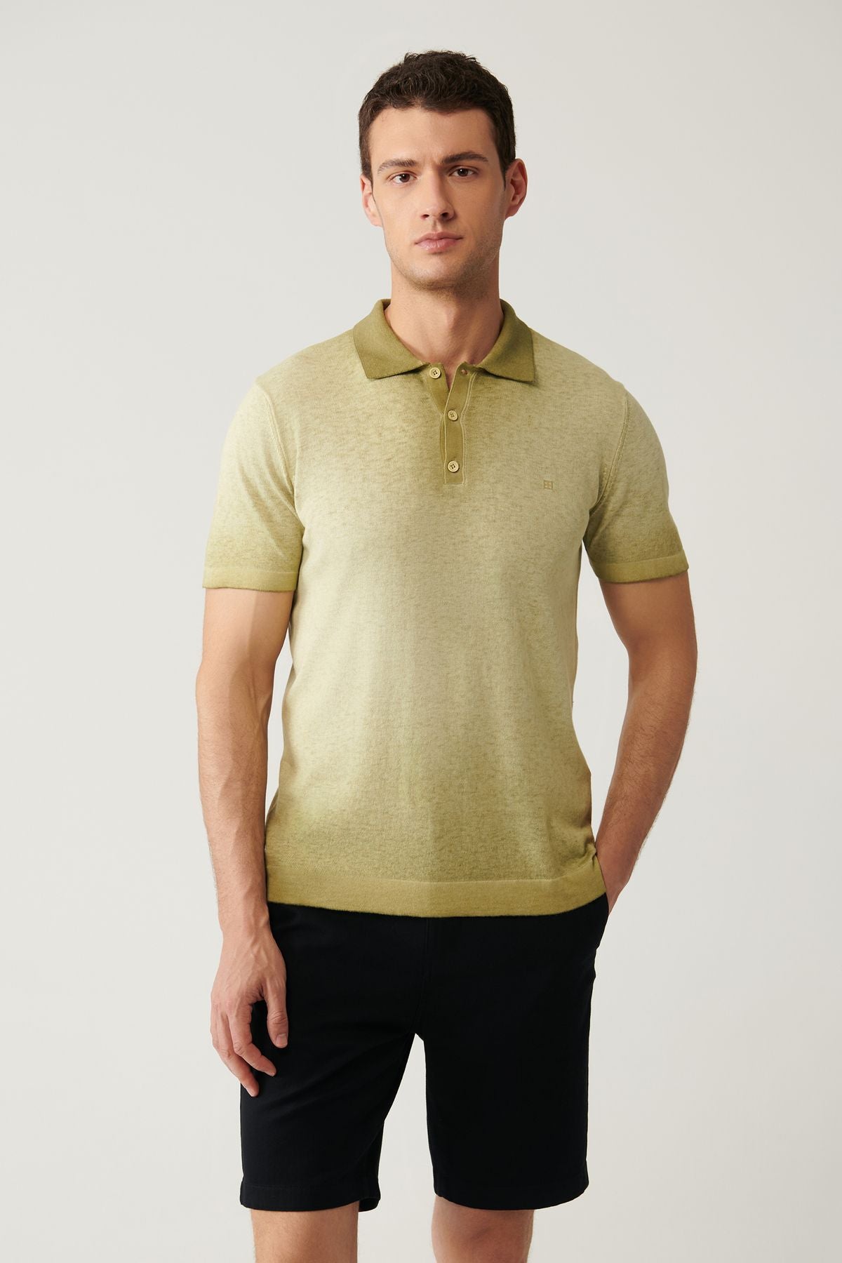 Men's open khaki 3 button paint effect Polo collar knitwear T-shirt A41y5114