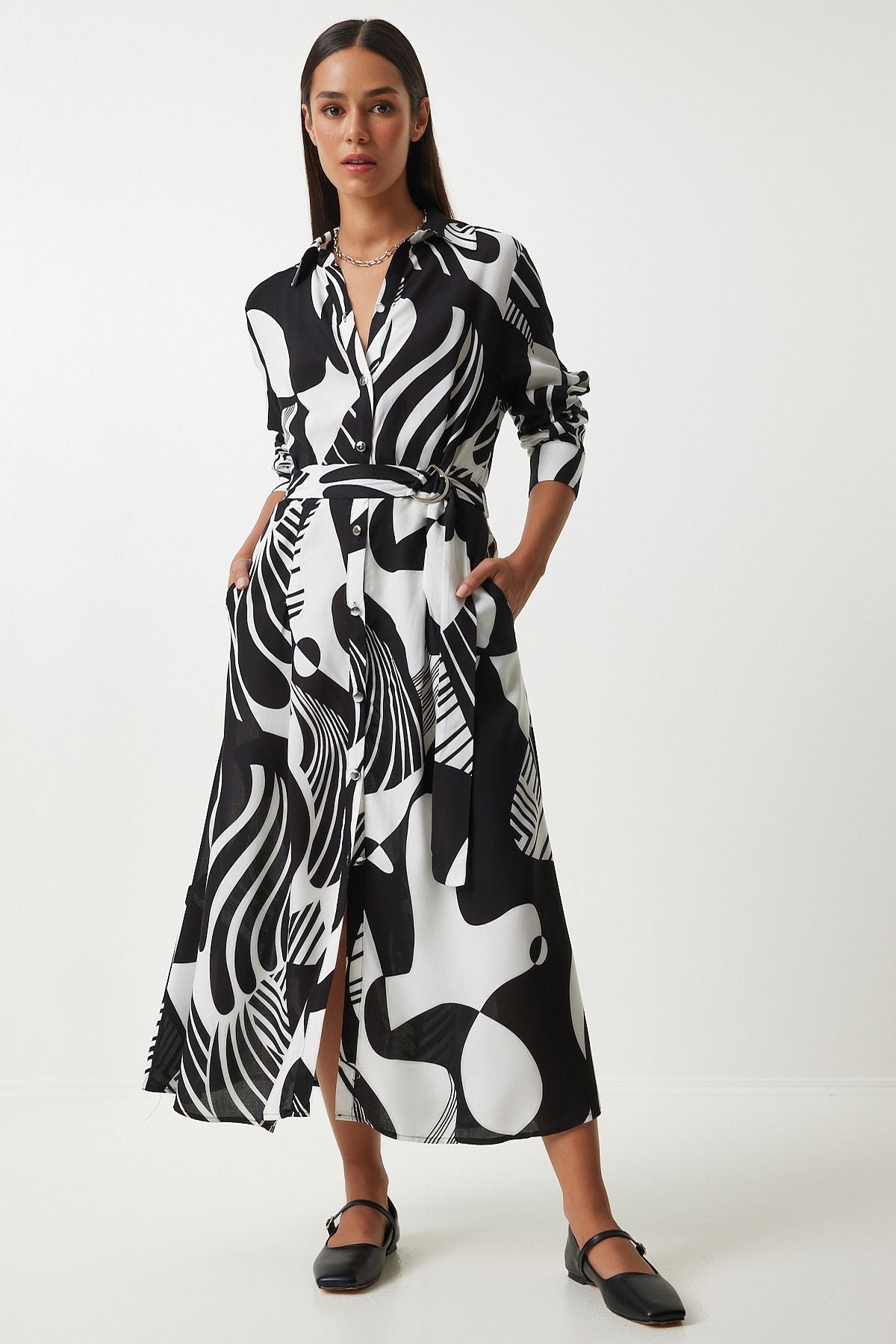 Female Black and White Patterned Born Viscose Shirt Dress FN03204