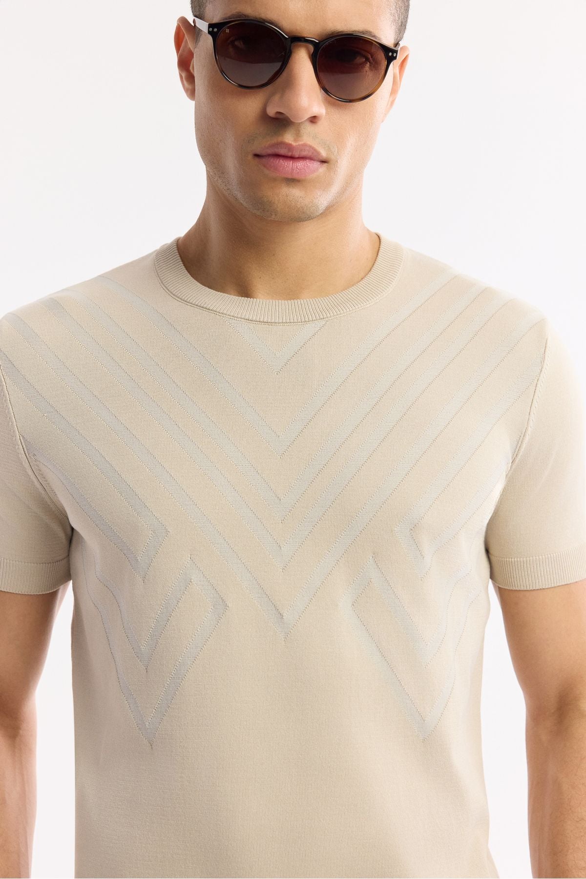 Men's Beige Bicycle Collar Geometric Pattern Detailed Triko T-SHIRT A51y5163