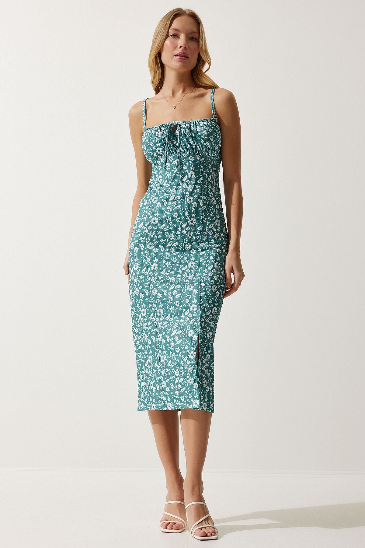 WOMEN'S WATER GREEN FLOWER SWEED SUMMER Knitting Dress CI00029