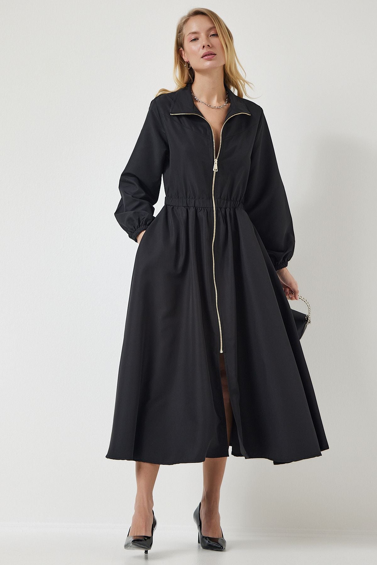 Female black zipper seasonal weaving dress trench coat DD01298