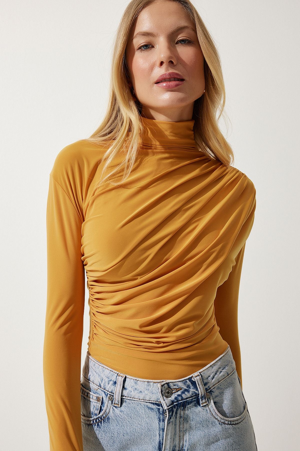 Female mustard shirring detailed upright collar sandy blouse FF00135