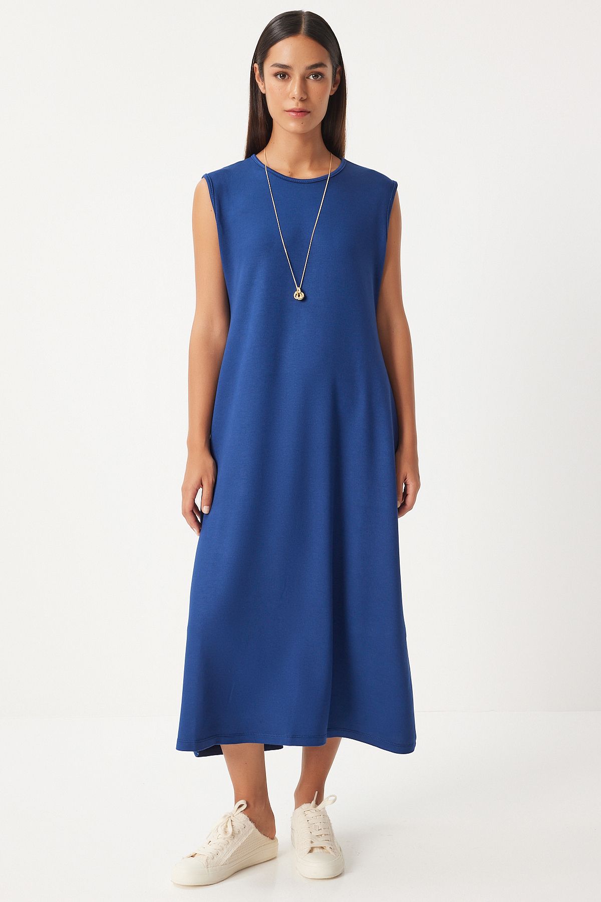 Woman Navy blue Sleeveless Summer Lycled Wrapped Knitting Dress BF00098